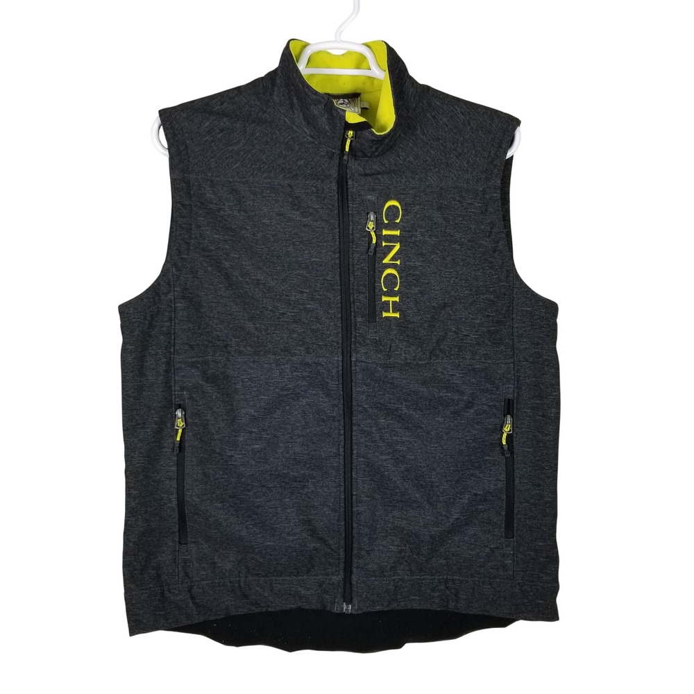 Cinch Bonded Vest Mens Large Gray Lime Green Full Zip Fleece Lined Softshell